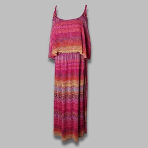 Faded Glory Maxi Dress Boho Blouson Bodice Relaxed Fit Pink/Multicolor W US XXL